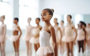 Dancer practices choreography in a bright studio beside a mirror with shoes and a notebook nearby.